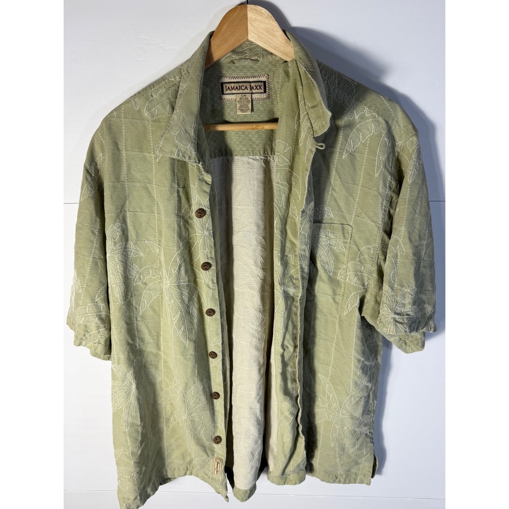 Jamaica Jaxx Mens Large Silk Jacquard Palm Leaf Camp Shirt Green Short Sleeve